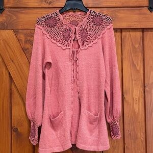 VINTAGE Boho Peach Cardigan W/ Crochet Accent Sz S